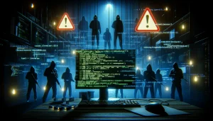 Digital security breach scene with a computer screen showing code and a warning sign, shadowy figures in the background exploit a vulnerability, highlighting the urgency of the cybersecurity threat.