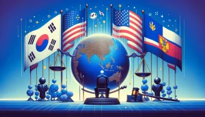 An artistic depiction of Do Kwon's legal challenges, featuring a stylized globe with the flags of South Korea, the United States, and Montenegro, scales of justice, and elements representing the digital and cryptocurrency realms.