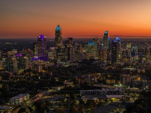 A sunset view of the city skyline of Charlotte, North Carolina, USA