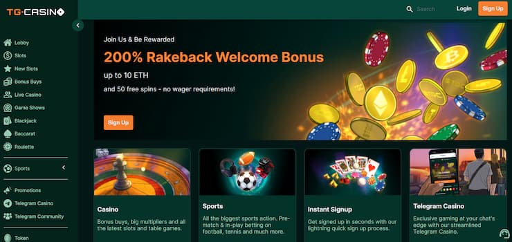 TG Casino 200% Ethereum Rakeback Welcome Bonus