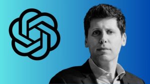 A black and white headshot of Sam Altman next to the OpenAI logo on a blue background