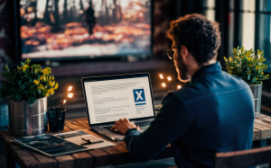 A man facing a laptop writing a long form article on the social media network 'X', no letters bar 'X' are shown, 3d render