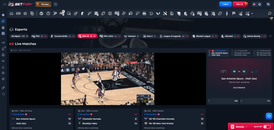 Betfury has live streams for many events in several games, including NBA 2K