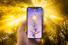 iPhone 17 may get new display tech that blocks out sunlight. An iPhone being held up against a bright, sunlit background with rays of light filtering through the trees, illustrating the visibility of the phone's screen despite the intense outdoor lighting.