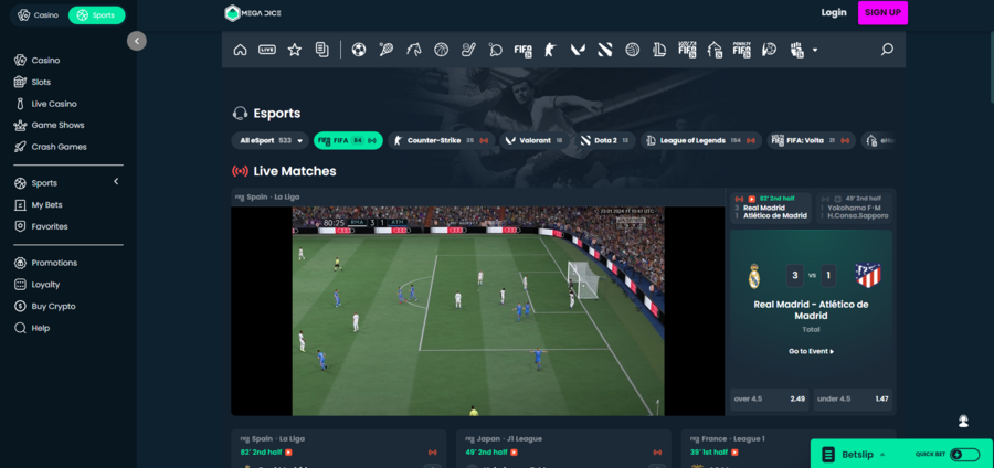 Mega Dice has a modern look and offers live streams on select matches