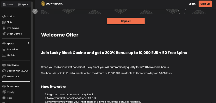 Lucky Block casino welcome bonus - 100% welcome bonus