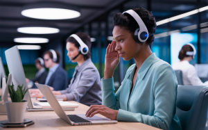 A futuristic office environment where employees are wearing sleek, modern headsets that are their personal AI assistants., 3d render