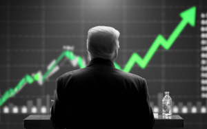 Donald Trump from behind in black and white watches a large screen in the background with green lines going up that show financial gains.