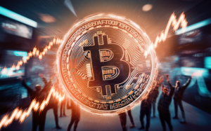 A captivating 3D render of Bitcoin, with its value surging and a digital marketplace in the background. The Bitcoin symbol is seen glowing, with a digital currency ticker displaying a significant price increase. The atmosphere is filled with hype, with people celebrating the surge in value. The overall ambiance of the image is dynamic, with a futuristic and technological feel., 3d render